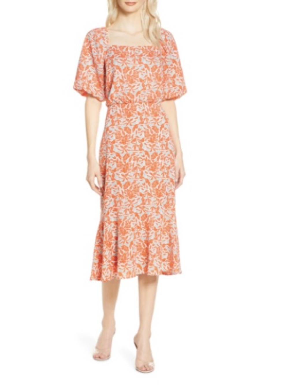 Chelsea28 Floral Square-Neck Midi Dress in Coral